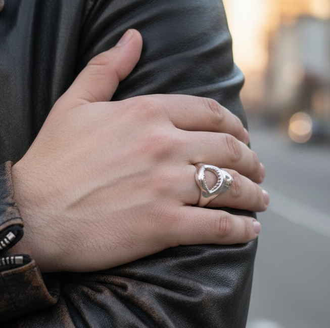 Hand wearing a silver ring on a blurred street background