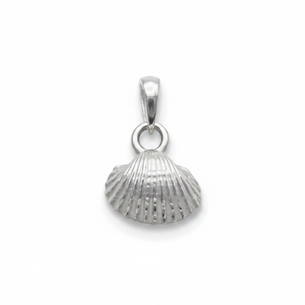 A silver shell-shaped pendant with a textured, ribbed surface and a polished bail at the top, shown on a plain white background.