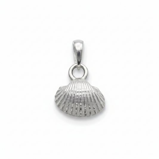 A silver shell-shaped pendant with a textured, ribbed surface and a polished bail at the top, shown on a plain white background.