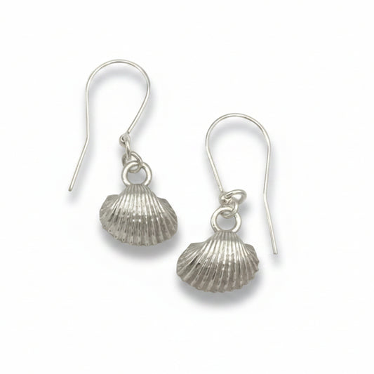 A pair of silver shell drop earrings with textured scallop details and fishhook wires, displayed on a clean off-white background.