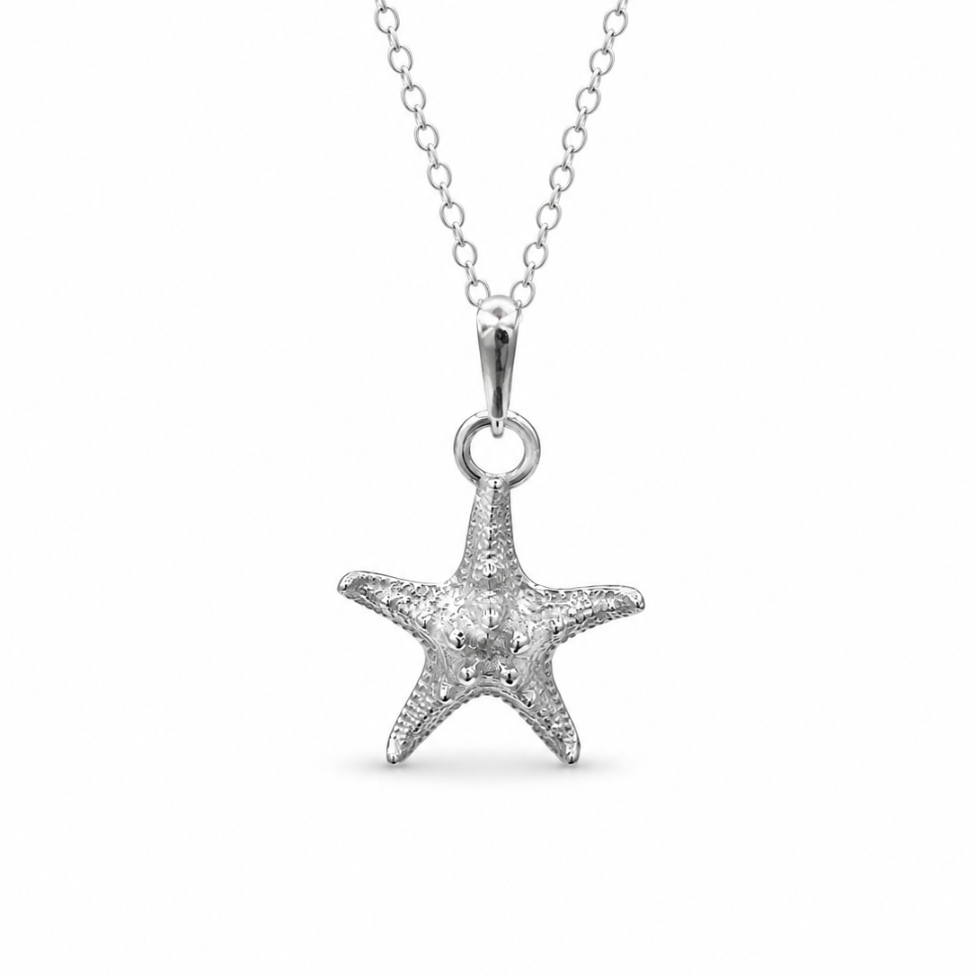Starfish silver necklace on white background