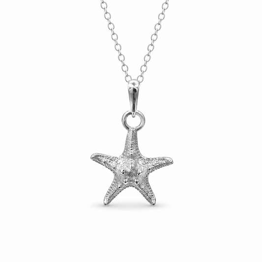 Starfish silver necklace on white background