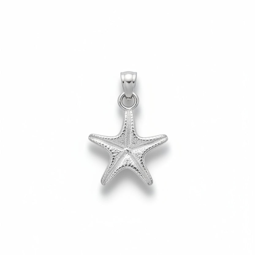 A silver starfish pendant with a textured surface and a bail at the top, shown on a light gray textured background.