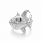 A polished silver ring sculpted in the shape of a fish, shown on a clean white background.
