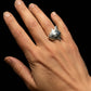 A silver ring with triggerfish design worn on a person's ring finger, shown against a plain light gray background.