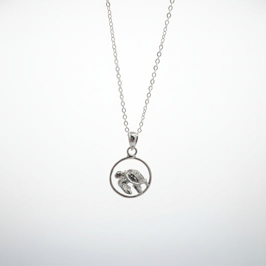 Silver necklace with sea turtle in a circular pendant on a white background 