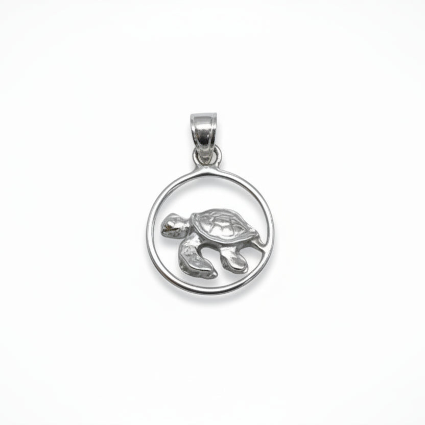 Silver turtle pendant on a gray background