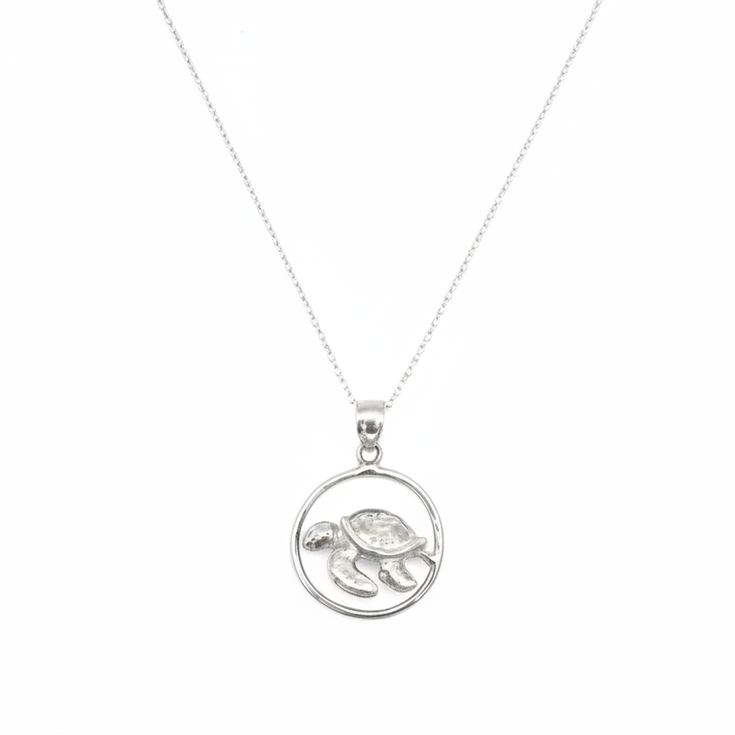 Silver necklace with a turtle pendant on a white background