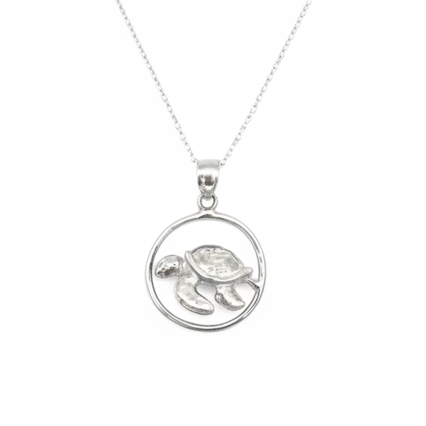 Silver necklace with a turtle pendant on a white background